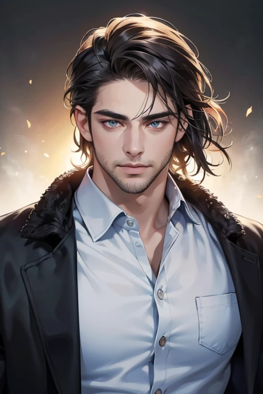 (best quality,4k,8k,highres,masterpiece:1.2),ultra-detailed,(realistic,photorealistic,photo-realistic:1.37),30 year old man,3 day beard,handsome anime,portraits,strong,masculine,dark hair,sharp jawline,mesmerizing eyes,perfectly styled hair,cool anime outfit,confident expression,vibrant colors,dynamic lighting, CEO and expression smile in love.