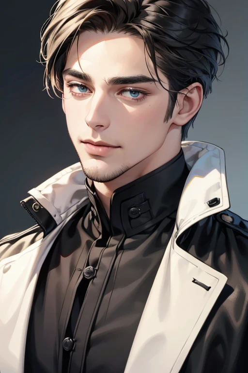 (best quality,4k,8k,highres,masterpiece:1.2),ultra-detailed,(realistic,photorealistic,photo-realistic:1.37),30 year old man,3 day beard,handsome anime,portraits,strong,masculine,dark hair,sharp jawline,mesmerizing eyes,perfectly styled hair,cool anime outfit,confident expression,vibrant colors,dynamic lighting, CEO and expression smile in love.
