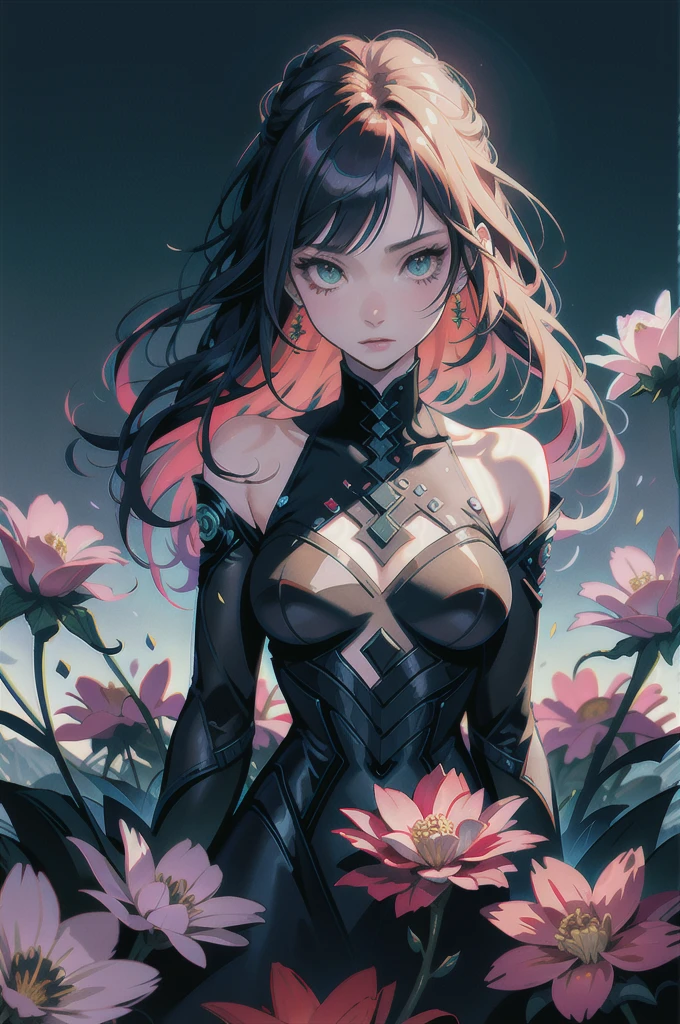full HD foto realismo Exquisite and charming anime style illustration, Elza frozen fusão com Naruto dark Venom in the rose flower bed, a beautiful girl with green black dark devil hair, mel eyes, half body, hiding in the flowers dark black , colorful and dazzling black . Intricate details, rendering and painting techniques come together to create a mesmerizing scene that evokes elegance and otherworldly elegance.