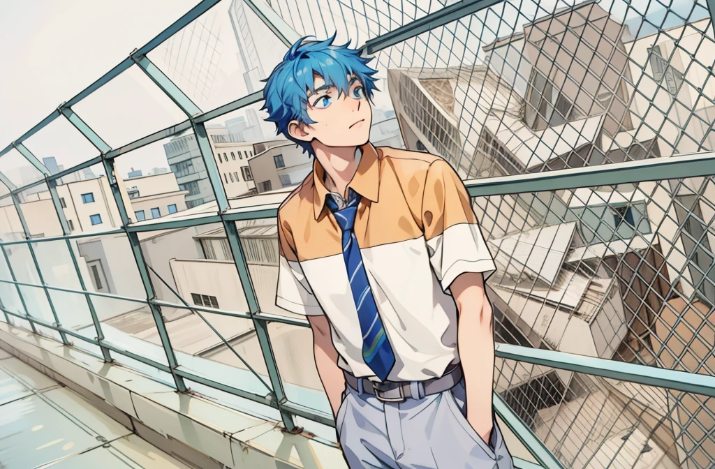 There is a 16-year-old boy with blue hair, blue eyes, on top of a school building, he is thoughtful, somewhat sad, looking at the city.