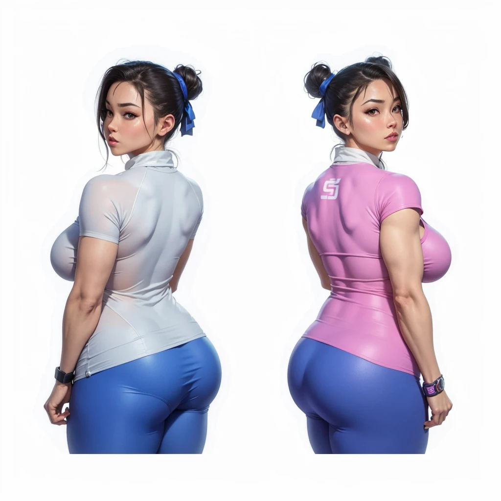 SF6 Chun-Li pose with both hand on hips booty at camera flaunting wearing Royal Blue shirt and thin grey Leggings thats the a exact same material as nitrile butadiene rubber gloves Thighs Buttocks Streetfighter Buruma Gravure shirt Japanese gym shoes pantyline