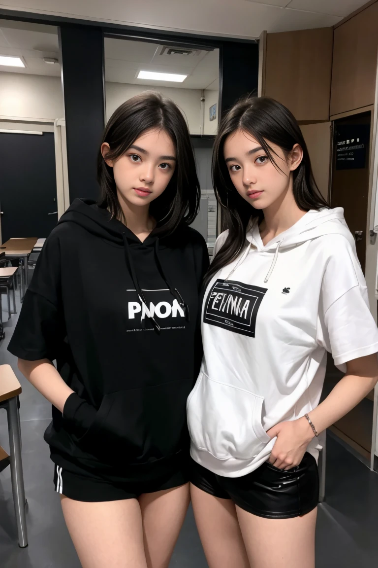 deux femmes ensemble de 18 ans sexy et mince , black short sleeve hoodie , salle de classe, se touche,position sey,sensuel
