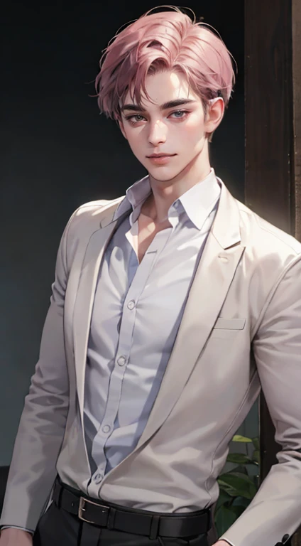 a mature, charming young man, 36 years old, with dark grey eyes, short right-swept dark pink hair, thick eyebrows, wearing a suit, in a quiet, smile in love expression, gazing at the audience, against a plain background with cinematic lighting, (best quality, 4k, 8k, highres, masterpiece:1.2), ultra-detailed, (realistic, photorealistic, photo-realistic:1.37), detective