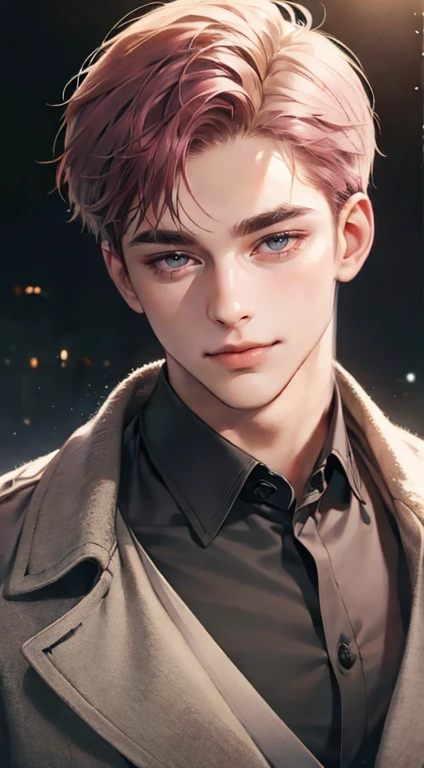 a mature, charming young man, 36 years old, with dark grey eyes, short right-swept dark pink hair, thick eyebrows, wearing a suit, in a quiet, smile in love expression, gazing at the audience, against a plain background with cinematic lighting, (best quality, 4k, 8k, highres, masterpiece:1.2), ultra-detailed, (realistic, photorealistic, photo-realistic:1.37), detective