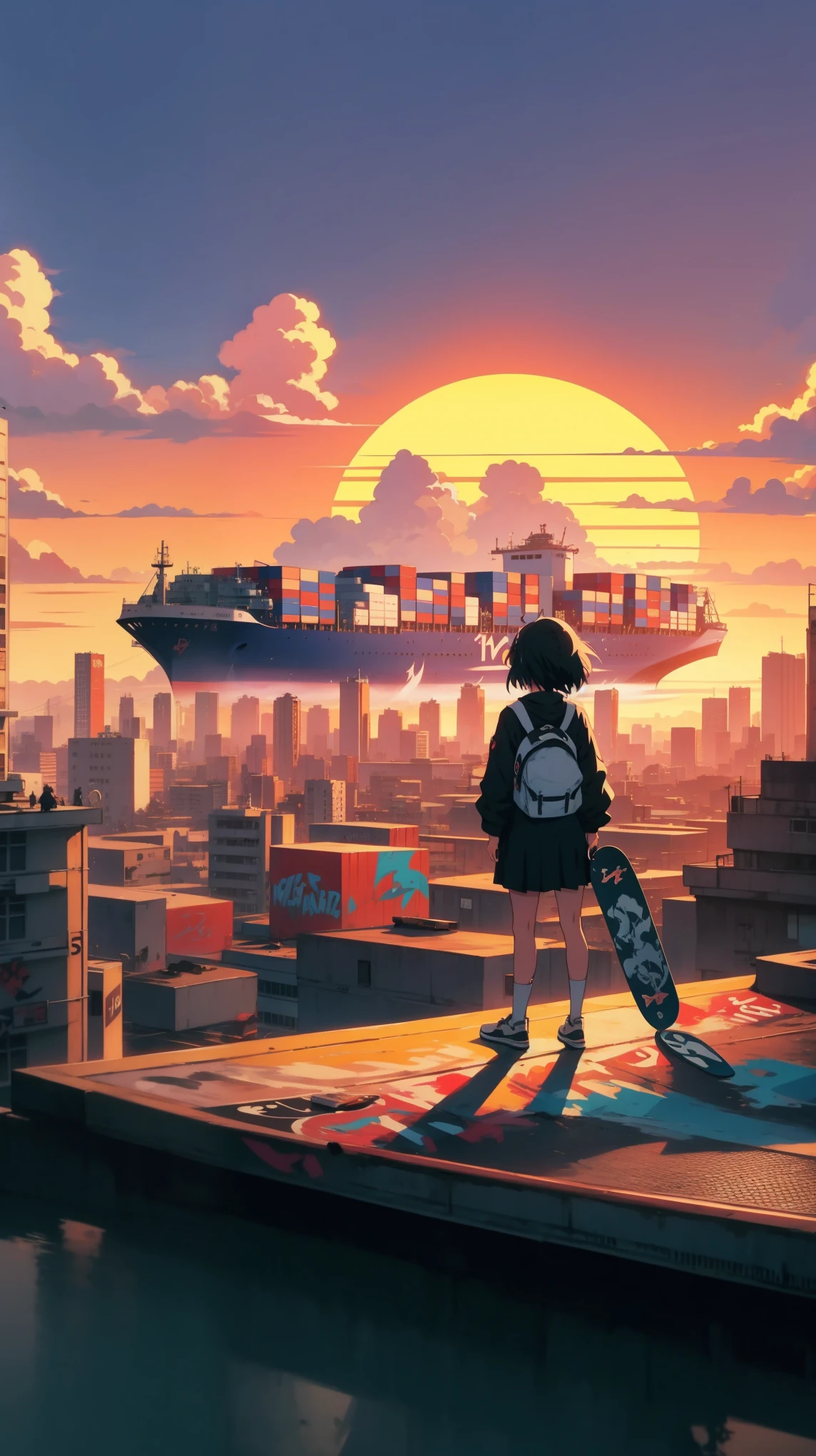 A teenage girl with a skateboard under his arm stands on a graffiti-covered rooftop overlooking a sprawling cityscape. In the distance, a massive cargo ship dwarfs the buildings, its colorful containers a stark contrast to the urban landscape. Industrial, gritty, sunset, abasterpiece)), ((best quality)), ultra detailed,((illustration)), dynamic angle, detailed light, (delicate eyes), (ahoge:0.8),apathy, ray,frontage,style of anime4 k, 4k anime wallpaper, badass anime 8 k, 4 k comic wallpaper
