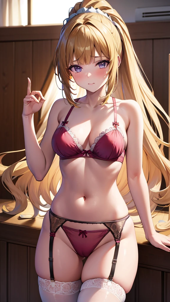 (masterpiece:1.3), (best quality:1.3)(8k, ultra detailed, ultra high res:1.2), ((anime style)), nsfw, perfect 5 fingers, perfect anatomy,
1girl,
BREAK long hair, ponytail, yellow hair, 
purple eyes, small hair scrunchie, 
[medium breasts], 
BREAK pink lingerie, lace-trimmed bra, (garter belt:1.3), thighhighs, cleavage, side-tie panties, (special occasion thong panties:1.3), (blush:1.1), 
BREAK seductive pose, looking at viewer, cowboy shot, front light, indoor, 