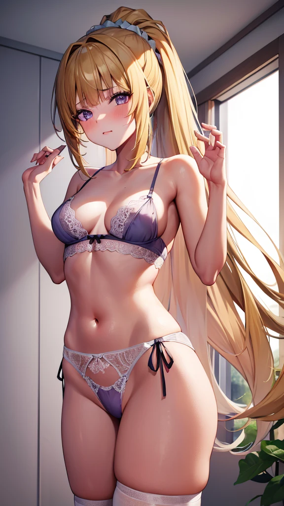 (masterpiece:1.3), (best quality:1.3)(8k, ultra detailed, ultra high res:1.2), ((anime style)), nsfw, perfect 5 fingers, perfect anatomy,
1girl,
BREAK long hair, ponytail, yellow hair, 
purple eyes, small hair scrunchie, 
[medium breasts], 
BREAK pink lingerie, lace-trimmed bra, (garter belt:1.3), thighhighs, cleavage, side-tie panties, (special occasion thong panties:1.3), (blush:1.1), 
BREAK seductive pose, looking at viewer, cowboy shot, front light, indoor, 