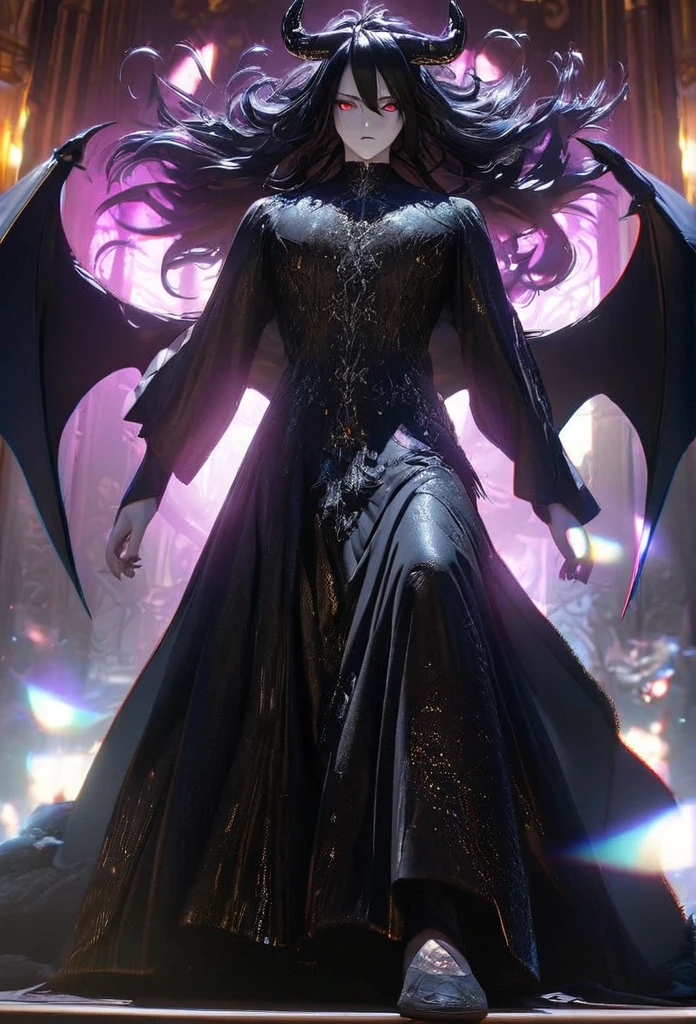 (solo), masculine, black hair, messy hair, mane hair, long hair, dense hair, wild hair, expressive hair, mature,(25 year old), pale skin, red eyes, ((man)), wearing a black robe, black demon horns,, big red demon wings, serious, handsome, attractive, eye reflection, depth of field, thunder aura,cinematic lighting, ray tracing, depth of field, cinematic lighting, ray tracing, UHD, high details, best quality, highres, high quality, award winning, super detail, masterpiece, 8k, UHD, high details, best quality, highres, high quality, award winning, super detail, masterpiece, 8k, digital art, anime coloring, full body, body shot, good face, perfect face, detailed face, good eyes, sitting on a throne, in a throne room.