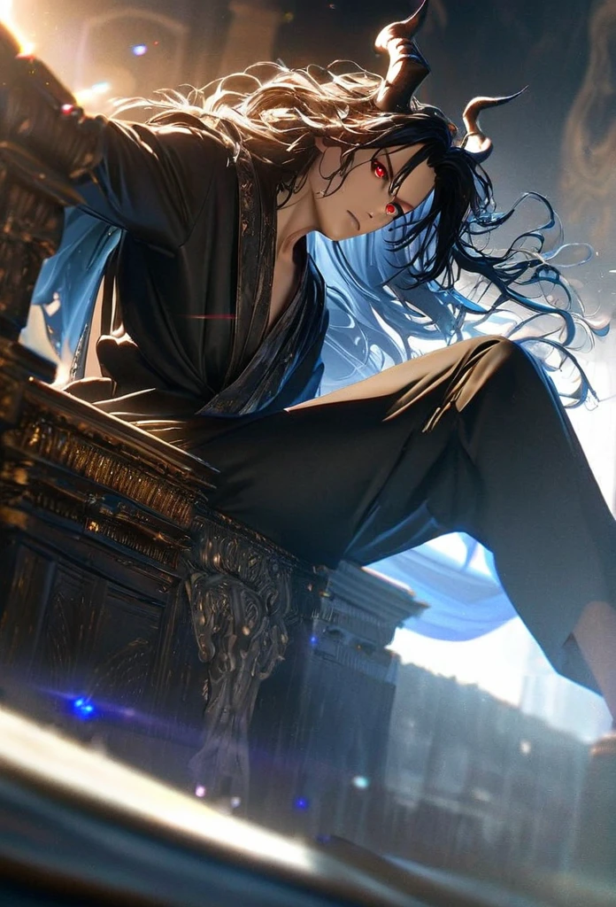 (solo), masculine, black hair, messy hair, mane hair, long hair, dense hair, wild hair, expressive hair, mature,(25 year old), pale skin, red eyes, ((man)), wearing a black robe, black demon horns,, big red demon wings, serious, handsome, attractive, eye reflection, depth of field, thunder aura,cinematic lighting, ray tracing, depth of field, cinematic lighting, ray tracing, UHD, high details, best quality, highres, high quality, award winning, super detail, masterpiece, 8k, UHD, high details, best quality, highres, high quality, award winning, super detail, masterpiece, 8k, digital art, anime coloring, full body, body shot, good face, perfect face, detailed face, good eyes, sitting on a throne, in a throne room.