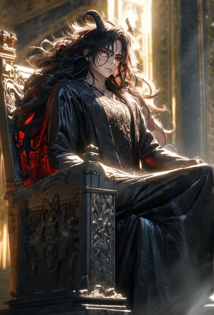 (solo), masculine, black hair, messy hair, mane hair, long hair, dense hair, wild hair, expressive hair, mature,(25 year old), pale skin, red eyes, ((man)), wearing a black robe, black demon horns,, big red demon wings, serious, handsome, attractive, eye reflection, depth of field, thunder aura,cinematic lighting, ray tracing, depth of field, cinematic lighting, ray tracing, UHD, high details, best quality, highres, high quality, award winning, super detail, masterpiece, 8k, UHD, high details, best quality, highres, high quality, award winning, super detail, masterpiece, 8k, digital art, anime coloring, full body, body shot, good face, perfect face, detailed face, good eyes, sitting on a throne, in a throne room.