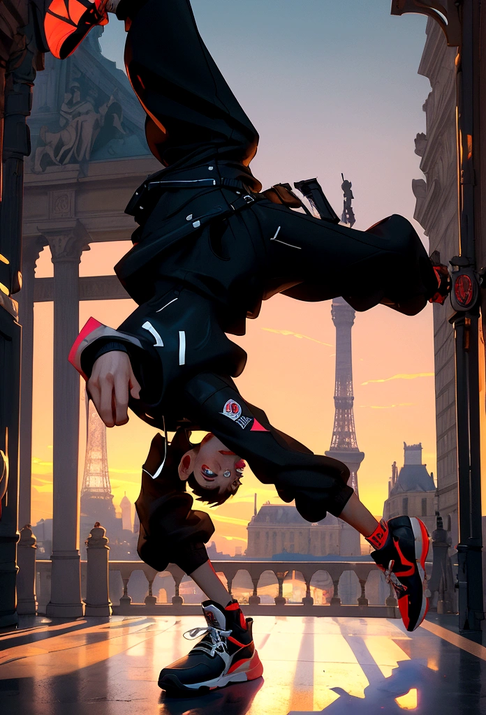 breakdance scene, fisheye lens, RossDraws style, 8K Ultra HD, emotion, breakdance dancer, black hooded coat, ripped knee-length pants, distressed sneakers, vibrant color palette, dramatic shadows, blur effect, Paris, Arc de Triomphe, sunset-lit sky, enchanting, magical, dramatic lighting, photorealistic realism, effervescent moment, urban movement, culture, skill, aesthetics, vibrant soul