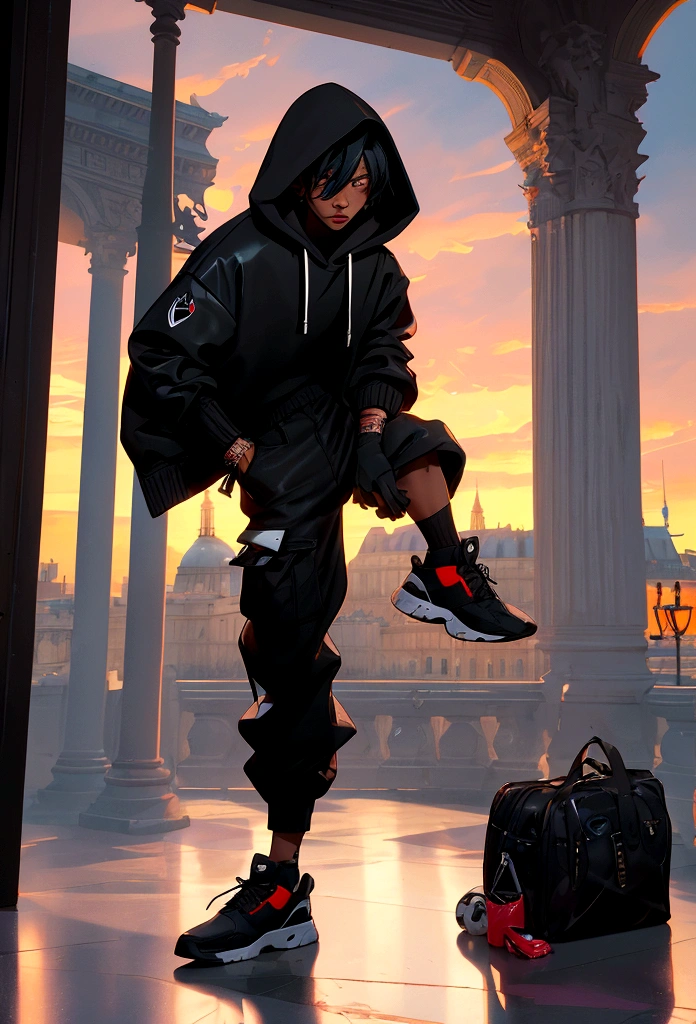 breakdance scene, fisheye lens, RossDraws style, 8K Ultra HD, emotion, breakdance dancer, black hooded coat, ripped knee-length pants, distressed sneakers, vibrant color palette, dramatic shadows, blur effect, Paris, Arc de Triomphe, sunset-lit sky, enchanting, magical, dramatic lighting, photorealistic realism, effervescent moment, urban movement, culture, skill, aesthetics, vibrant soul