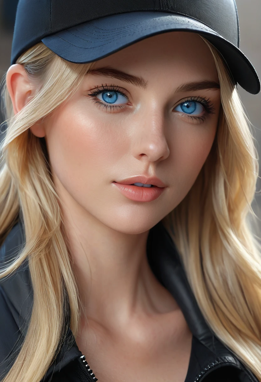 Blonde woman with blue eyes, wearing a black cap on his head (blunt cap image, full image of the cap), portrait ultra detailed, perfeito face detailed, very high quality face, face detailed, soft portrait photographed in 8k, Extremely beautiful face, detailed perfect face, real face detailed, perfectly lit face, ultra face detailed, face and cap on head detailed