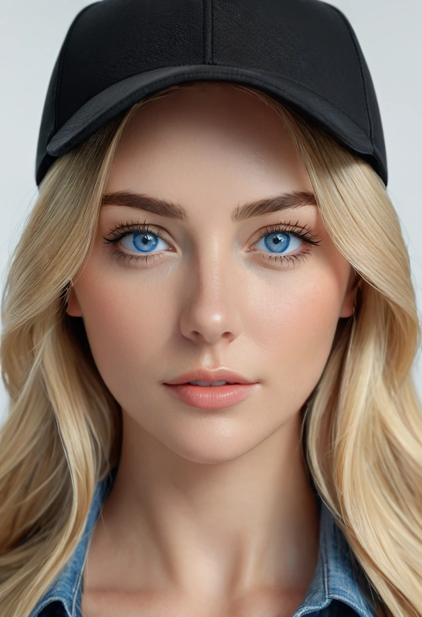 Blonde woman with blue eyes, wearing a black cap on his head (blunt cap image, full image of the cap), portrait ultra detailed, perfeito face detailed, very high quality face, face detailed, soft portrait photographed in 8k, Extremely beautiful face, detailed perfect face, real face detailed, perfectly lit face, ultra face detailed, face and cap on head detailed
