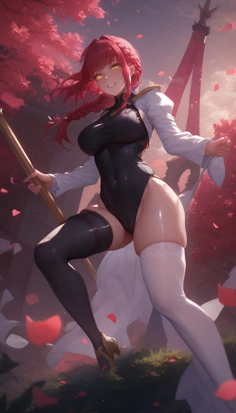 score_9, score_8_up, score_7_up, score_6_up, uncensored, Makima, maroon hair, braided ponytail, ringed eyes, yellow eyes, naughty face, shiny skin, sweating, BREAK (masterpiece:1.2), best quality, high resolution, unity 8k wallpaper, (illustration:0.8), (detailed eyes:1.3), perfect lighting, extremely detailed CG, (perfect hands, perfect anatomy), hearts, pleasured, Expressiveh, clenched teeth, looking at viewer, modern decor, cozy atmosphere, relaxing vibes, urban backdrop, dreamy ambiance, large breast, 1girl, solo, holding staff, staff, bodysuit, skintightsuit, field, cloudy sky, bokeh, falling petals, spotlight,