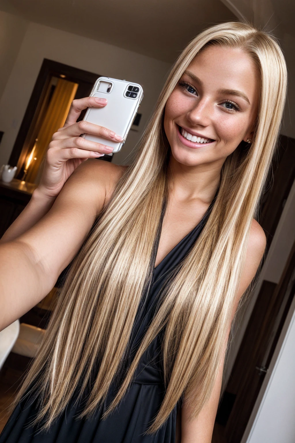 beautiful 100% blonde young woman, lush long straight natural blonde hair, 100% blond, taking a selfie, smiling, selfie shot, dark lighting, inside fancy san diego house, wearing halter top, --no freckles, dark hair 