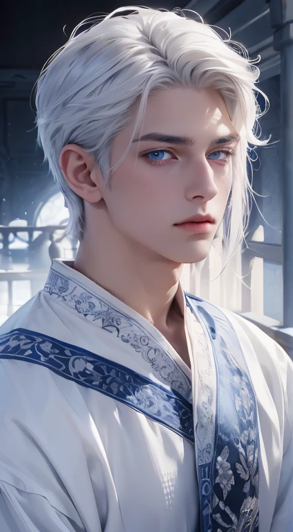 delicate man, 29-years-old, grayish white hair, ice blue eyes, scar on cheek, wears traditional clothes with lace applications, pale hair, beautiful blue eyes.
