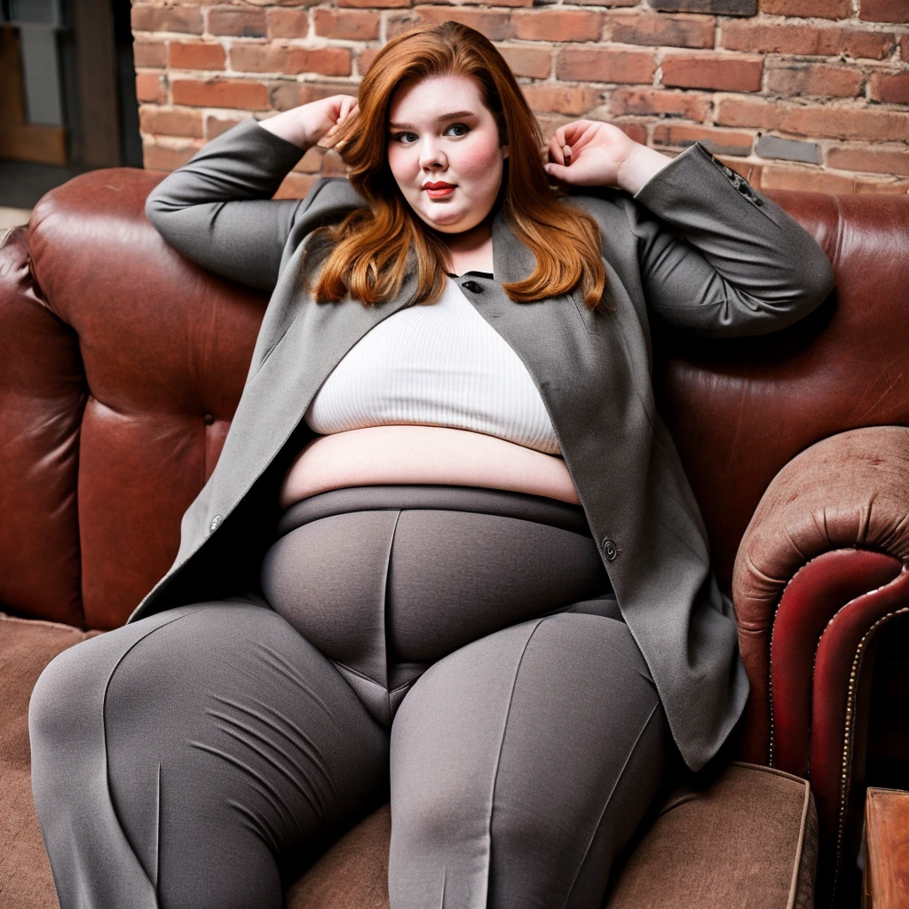Women with big fat, loose bellies are Tess Holliday. Beautiful blonde women with beautiful faces are severely obese, obese American women with big, loose, protruding bellies wearing tailored jackets sitting on sofas in Brooklyn style brick rooms, 4K quality, low angle