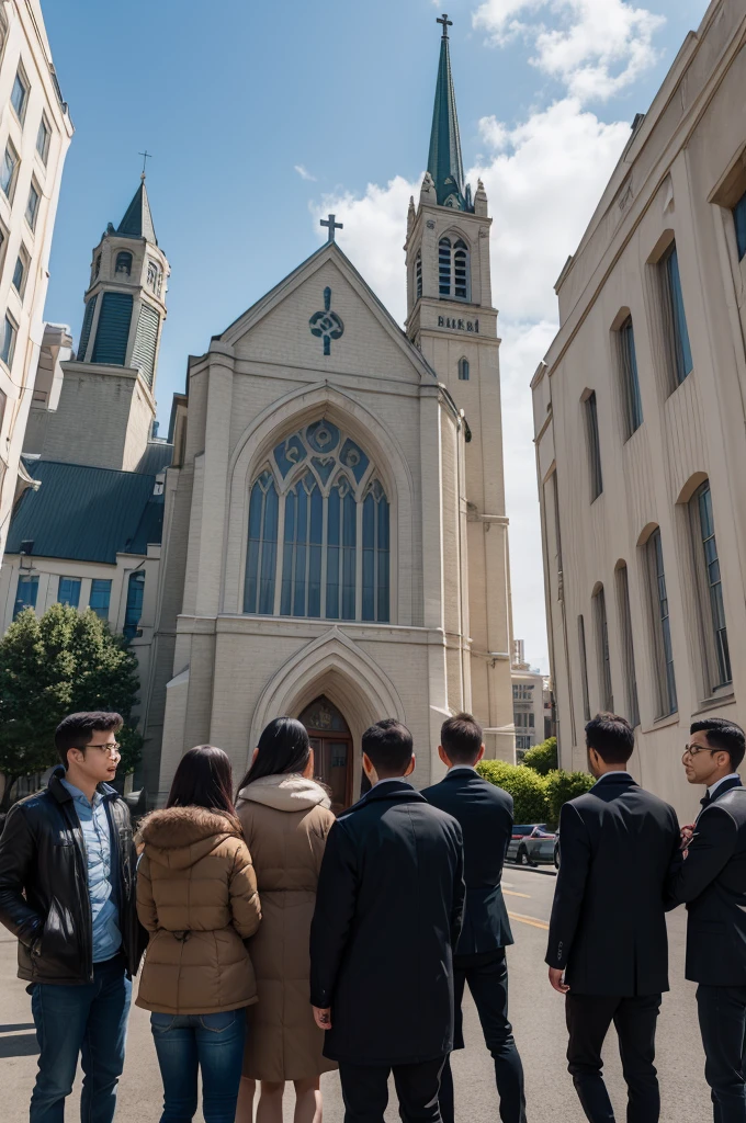 Five people meeting in front of the Seventh-day Adventist church 
