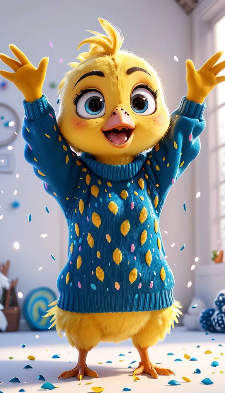 cute yellow chick, cartoon,arms, hands ,cute eyes, looking at viewer, arms up, effects background, particles, random, white background, blue eyes, sweater