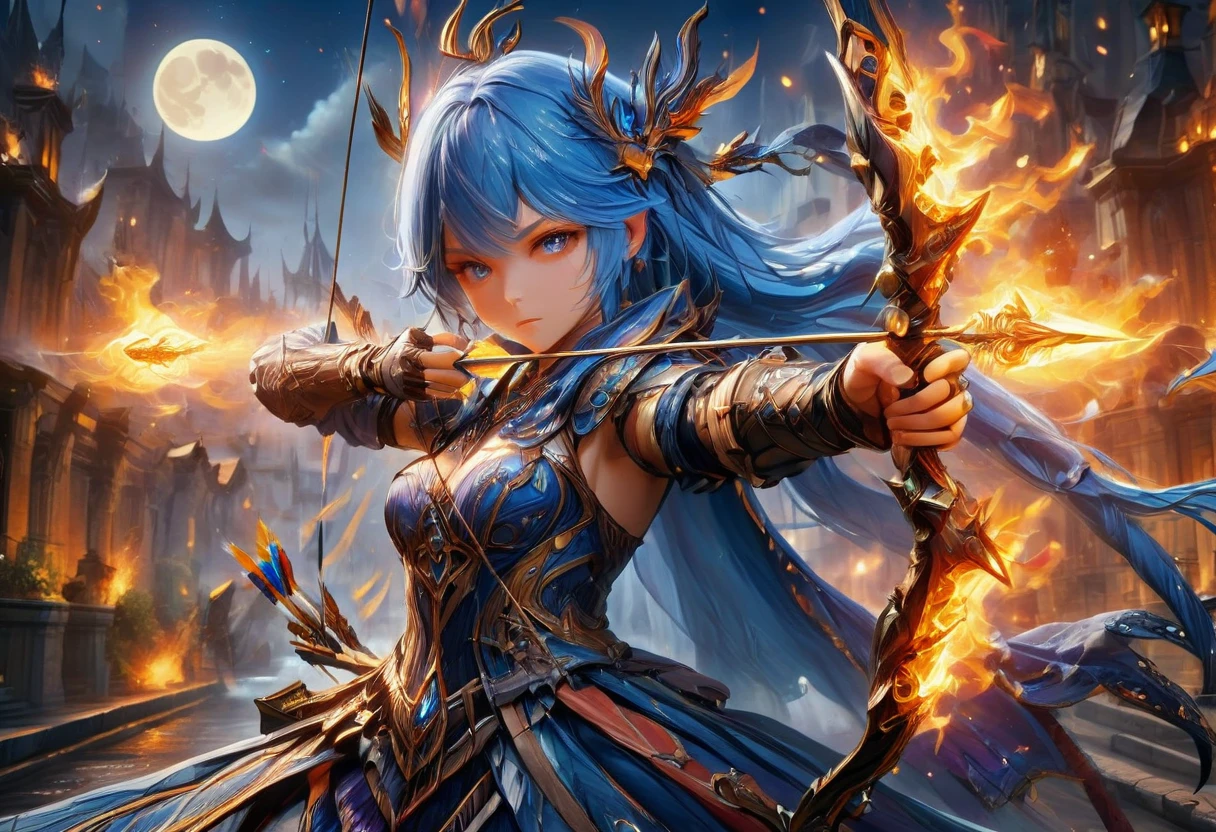 a picture of fire sorceress firing a flaming arrow from a magnificent epic bow, an (elite glamour beautiful: 1.2), fire sorceress, ultra detailed face,  perfect face, blue hair, long hair, wavy hair, wearing wild glamour dress, intricate dress, purple dress , with fire patterns on it, aiming an epic bow with a flaming arrow,  dynamic bow, sting drawn to the cheek , arrow ready to be shot, dynamic bow, sting drawn to the cheek , arrow ready to be shot, it is night, moon light, starry night, cloudy night,  high details, best quality, 16k, [ultra detailed], masterpiece, best quality, (extremely detailed), dynamic angle, full body shot, fantasy urban street at night bacground, Aiming a Bow, bow (weapon), Aiming a Bow ,faize, ral-lava