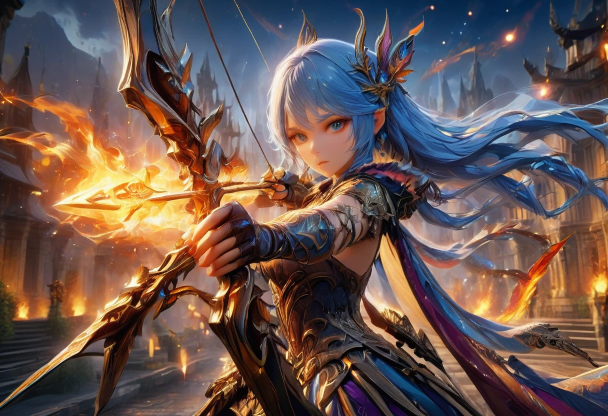 a picture of fire sorceress firing a flaming arrow from a magnificent epic bow, an (elite glamour beautiful: 1.2), fire sorceress, ultra detailed face,  perfect face, blue hair, long hair, wavy hair, wearing wild glamour dress, intricate dress, purple dress , with fire patterns on it, aiming an epic bow with a flaming arrow,  dynamic bow, sting drawn to the cheek , arrow ready to be shot, dynamic bow, sting drawn to the cheek , arrow ready to be shot, it is night, moon light, starry night, cloudy night,  high details, best quality, 16k, [ultra detailed], masterpiece, best quality, (extremely detailed), dynamic angle, full body shot, fantasy urban street at night bacground, Aiming a Bow, bow (weapon), Aiming a Bow ,faize, ral-lava