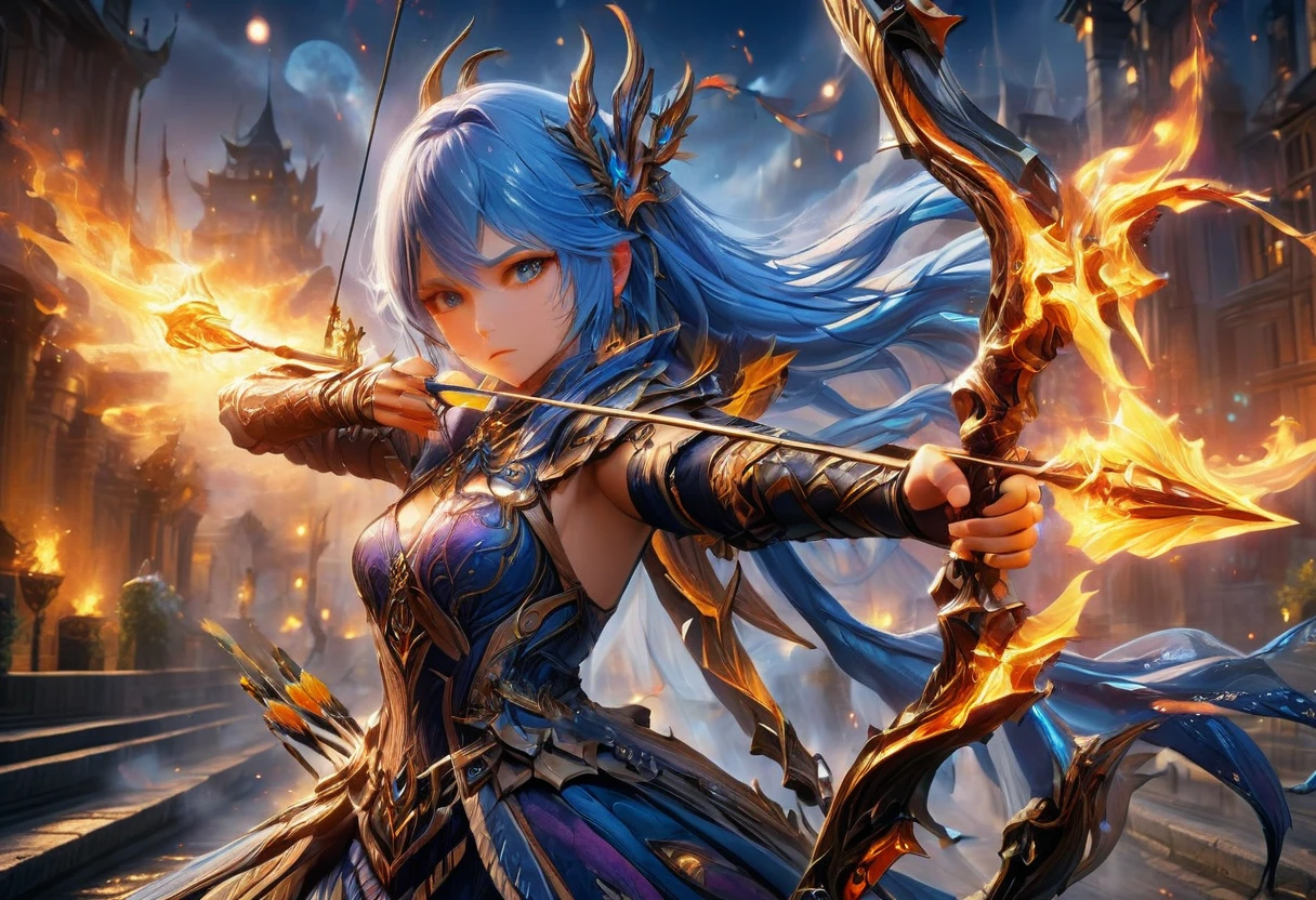 a picture of fire sorceress firing a flaming arrow from a magnificent epic bow, an (elite glamour beautiful: 1.2), fire sorceress, ultra detailed face,  perfect face, blue hair, long hair, wavy hair, wearing wild glamour dress, intricate dress, purple dress , with fire patterns on it, aiming an epic bow with a flaming arrow,  dynamic bow, sting drawn to the cheek , arrow ready to be shot, dynamic bow, sting drawn to the cheek , arrow ready to be shot, it is night, moon light, starry night, cloudy night,  high details, best quality, 16k, [ultra detailed], masterpiece, best quality, (extremely detailed), dynamic angle, full body shot, fantasy urban street at night bacground, Aiming a Bow, bow (weapon), Aiming a Bow ,faize, ral-lava