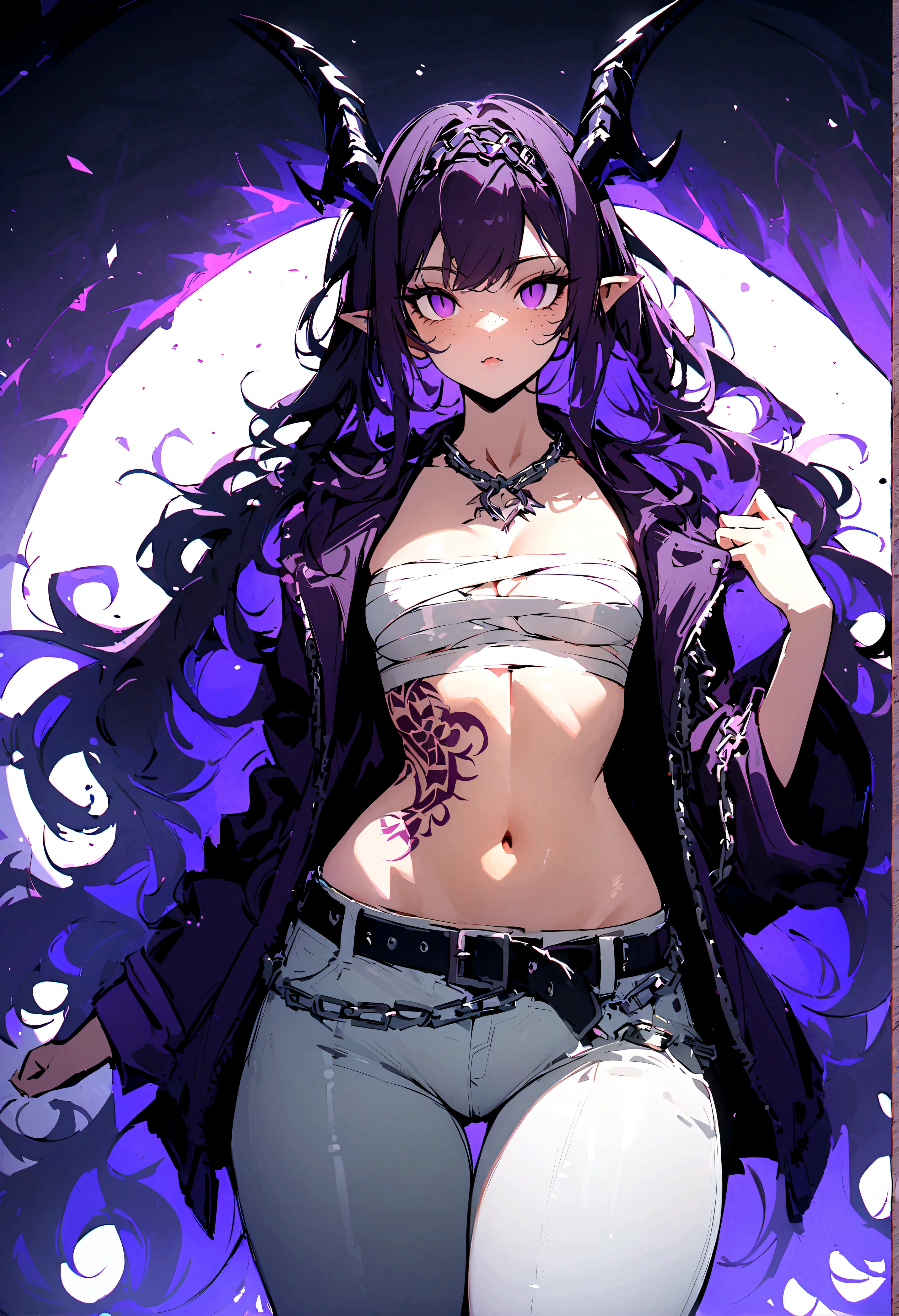 (score_9, score_8_up:1.1), score_7_up, masterpiece, best quality, beautiful hands, beautiful face, dragon girl, easynegative, ishmael, freckles, hair bow, white bow, dark purple hairband, tattoo on the body, chains, DonSister, 1girl, solo, (flat breasts:1), wide hips, very long hair, dark purple hair, wavy hair, flat breasts, navel, standing, cleavage, jewelry, jacket, purple eyes, open clothes, midriff, belt, pants, tattoo, empty eyes, neutral, shadow, chain, simple background, sarashi, white pants, purple shirt, chest tattoo, chest sarashi, chest bandages, chain necklace, platinum chain, pointy ears, huge dragon tail, dragon horns, dragon fangs