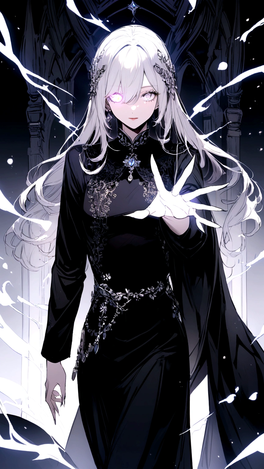 Detailed fingers, eye glowing in sparkling white.
