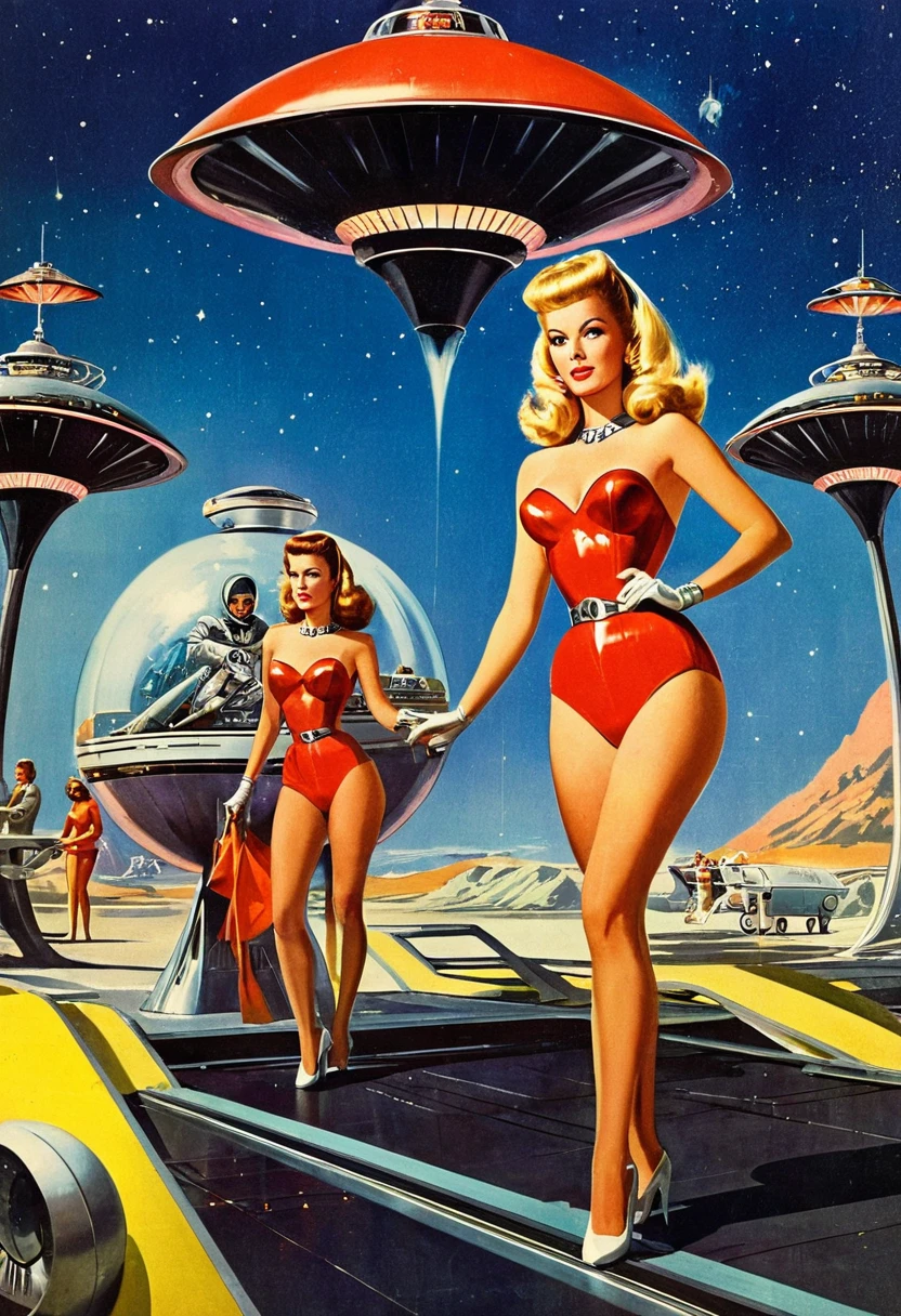 Retro futuristic, ((retro futurism)), ((Science fiction)), 1950s, (((1960s))), 1970s, (alien women),