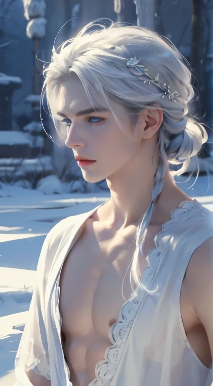 delicate man, 29-years-old, grayish white hair, longer section of hair on the side, ice blue eyes, scar on cheek, wears traditional clothes with lace applications, pale hair, beautiful blue eyes.