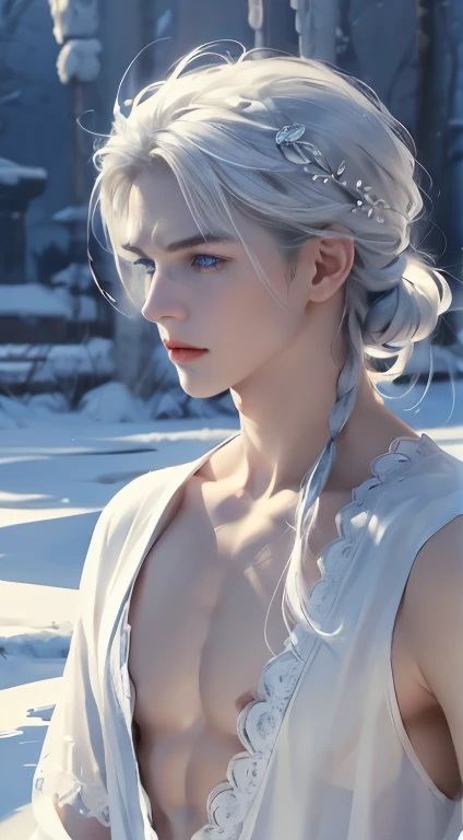 delicate man, 29-years-old, grayish white hair, longer section of hair on the side, ice blue eyes, scar on cheek, wears traditional clothes with lace applications, pale hair, beautiful blue eyes.