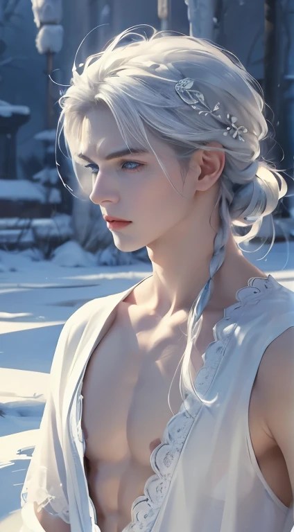 delicate man, 29-years-old, grayish white hair, longer section of hair on the side, ice blue eyes, scar on cheek, wears traditional clothes with lace applications, pale hair, beautiful blue eyes.
