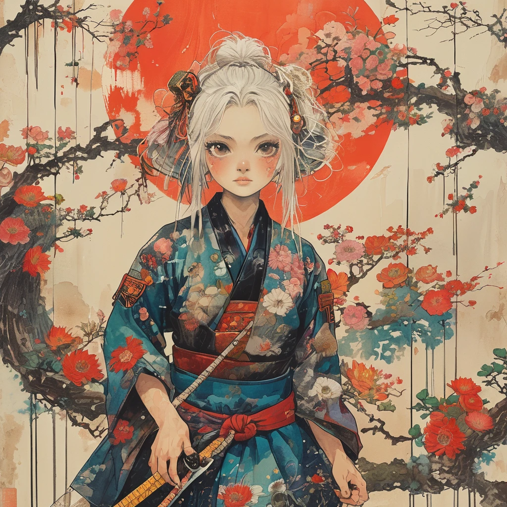 A vibrant and colorful illustration of an anime-style female samurai character with white hair, holding her sword in front of her face. She is wearing traditional Japanese adorned with floral patterns, a backdrop filled with colorful patterns representing ancient symbols and floral motifs. The background is richly detailed with geometric shapes that add depth to their figure's presence., creating a whimsical atmosphere. The background features bold colors and intricate designs that add to the overall visual appeal. This artwork showcases vivid hues, intricate details on both attire and armor, capturing movement as she walks forward in the style of intricate details on both attire and armor, capturing movement as she walks forward.