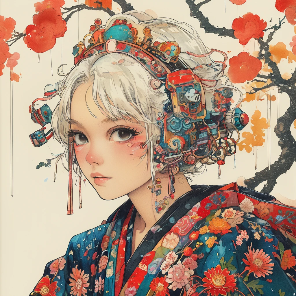 A vibrant and colorful illustration of an anime-style female samurai character with white hair, holding her sword in front of her face. She is wearing traditional Japanese adorned with floral patterns, a backdrop filled with colorful patterns representing ancient symbols and floral motifs. The background is richly detailed with geometric shapes that add depth to their figure's presence., creating a whimsical atmosphere. The background features bold colors and intricate designs that add to the overall visual appeal. This artwork showcases vivid hues, intricate details on both attire and armor, capturing movement as she walks forward in the style of intricate details on both attire and armor, capturing movement as she walks forward. 