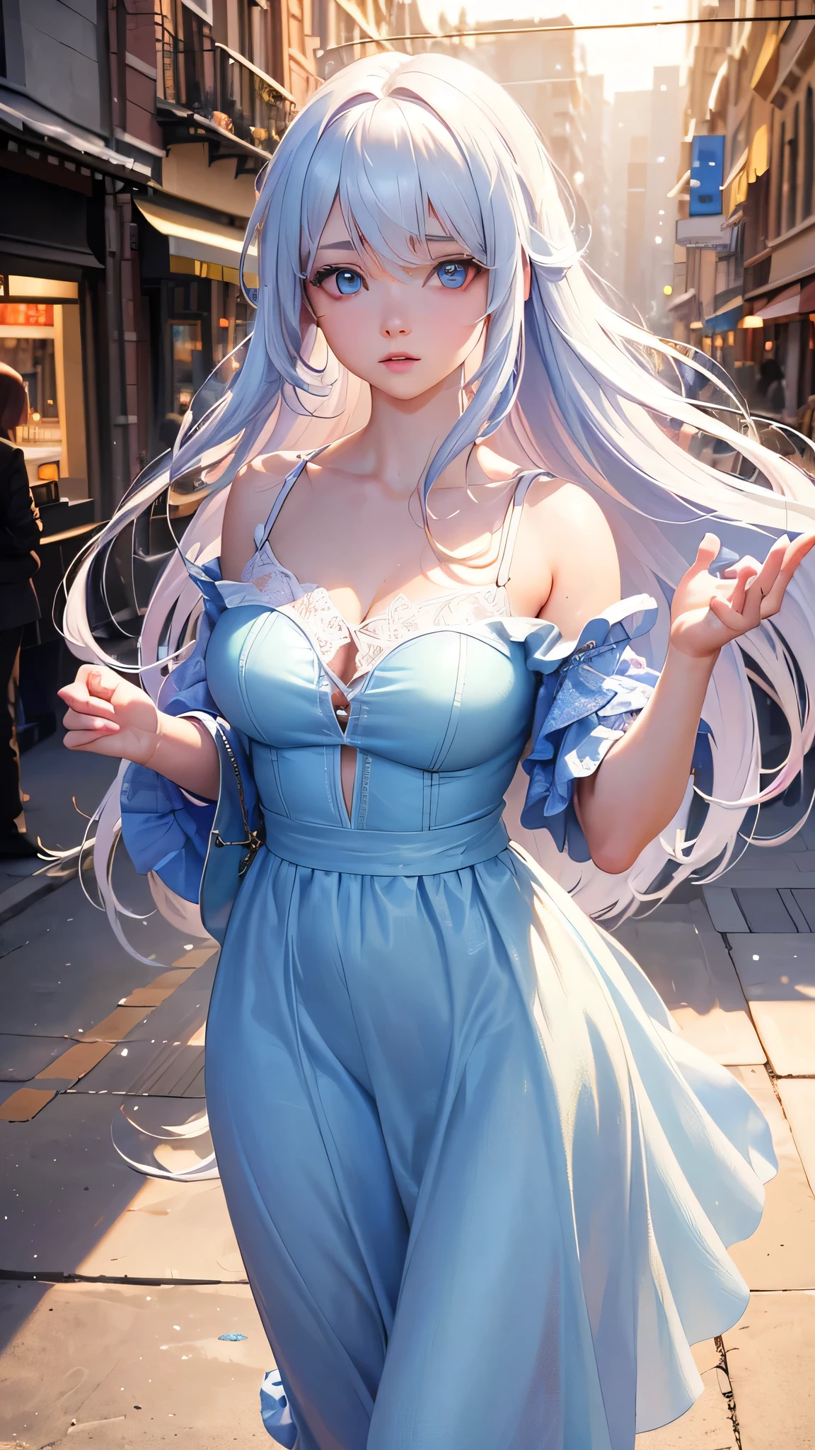 a beautiful detailed girl walking towards the viewer, dramatic expression, sunset-colored hair, light blue eyes, glass-like eyes, showing her palms, bokeh effect, dynamic, (best quality,4k,8k,highres,masterpiece:1.2),ultra-detailed,(realistic,photorealistic,photo-realistic:1.37),vivid colors,studio lighting,portrait