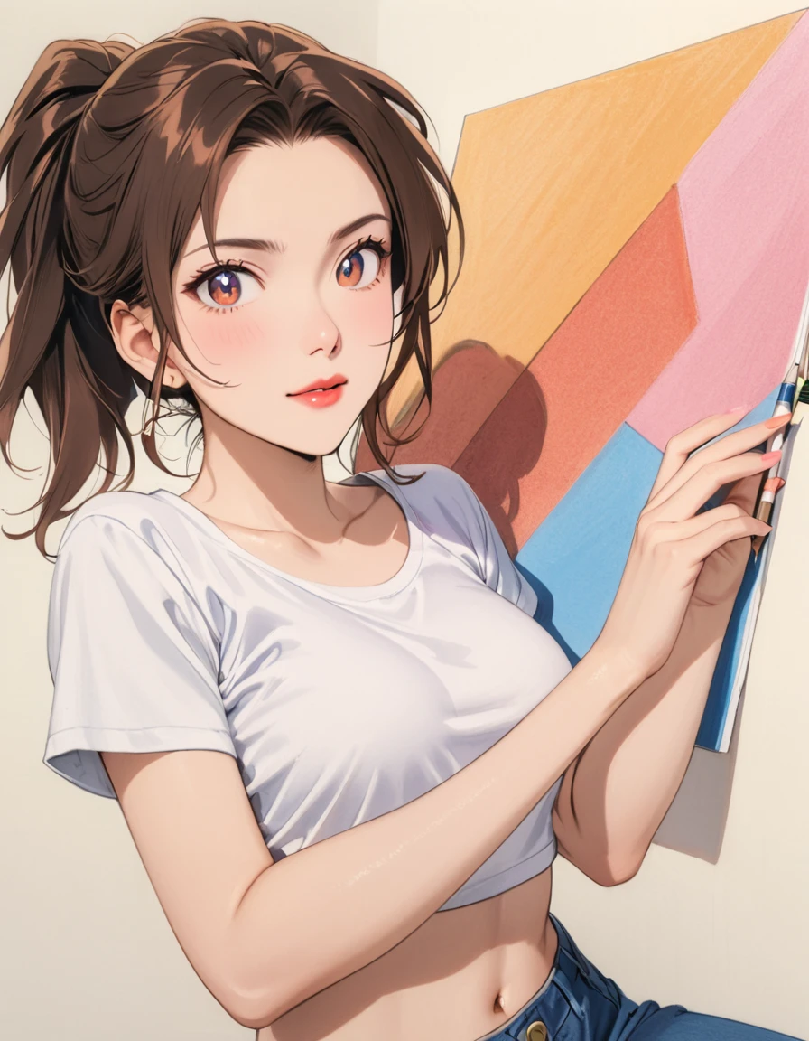 female,crop shirt,white,Art,ad,colour pencil drawing,draft drawing