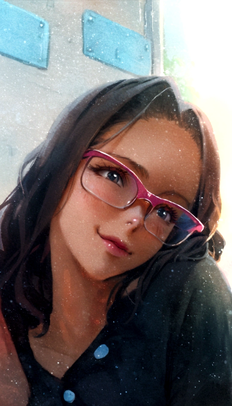 A woman with glasses and a black t-shirt wearing pink glasses ,about 23 years old