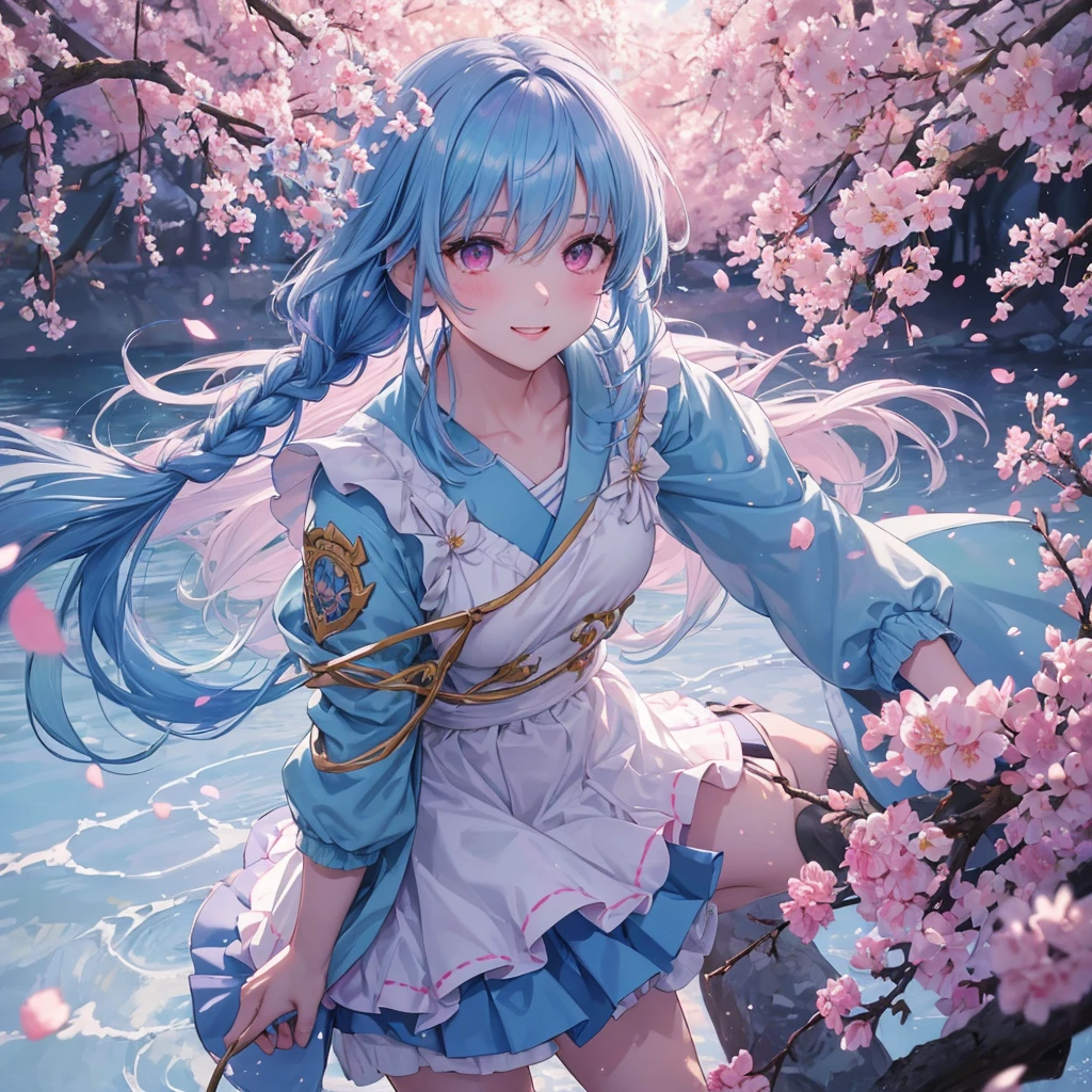 Sky blue hair, (Braided Ponytail),(Pink Eyes),Fair skin ,whole body,(1 Girl),Smile,spring, cherry blossoms, Knee-high socks for school, blazer, Straight bangs,(masterpiece, Highest quality, Super detailed, Best Shadow), (Detailed Background), (Beautifully detailed face), High Contrast, (Best lighting, Very delicate and beautiful), ((Cinematic Light)), colorful, Hyper Detail, Dramatic Light, Intricate details,sunshine,Leaning forward,
