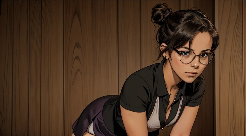 sexy female professional, short skirt, glasses, hair in bun, , submissive, shy, timid, submissive, shy, timid, submissive, shy, timid, looking up at camera, looks at camera, looks at camera