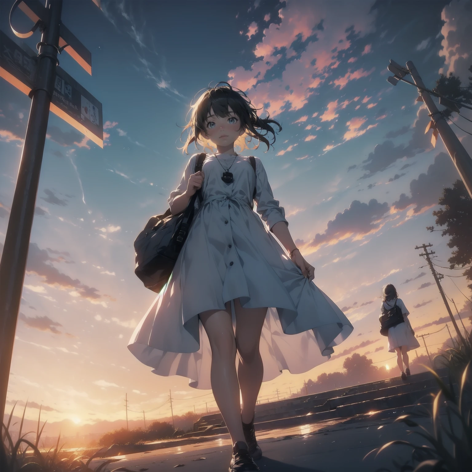 Vast landscape photography、(View from below、Shows the sky above and below)、High resolution、Highest quality、Very detailed、makoto shinkai、sunset、Girl in white dress looking sideways、College student with long brown hair、Electric pole、electric wire、Railroad crossing、Lens blur