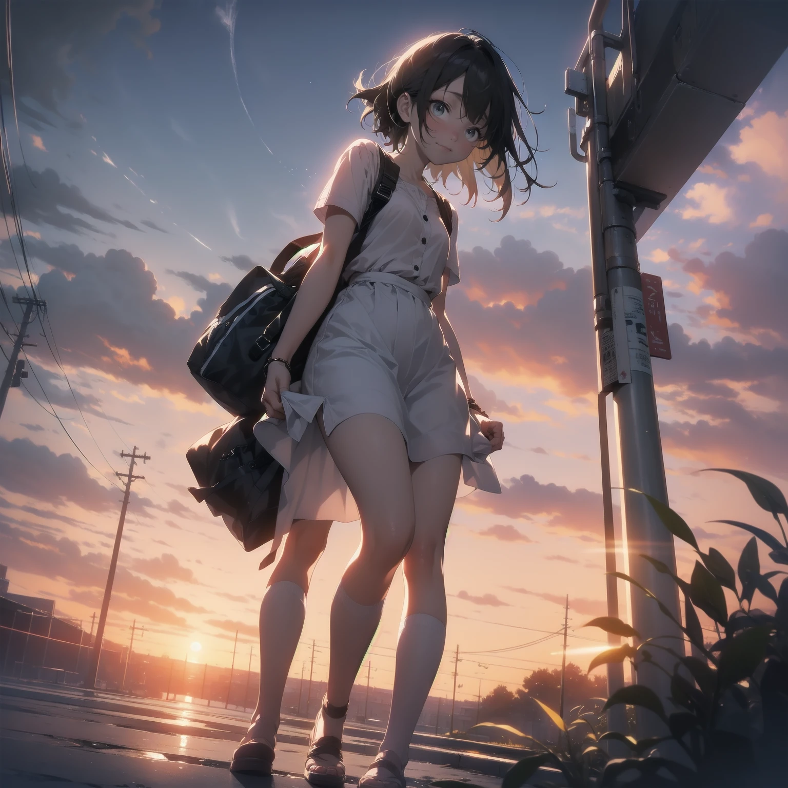 Vast landscape photography、(View from below、Shows the sky above and below)、High resolution、Highest quality、Very detailed、makoto shinkai、sunset、Girl in white dress looking sideways、College student with long brown hair、Electric pole、electric wire、Railroad crossing、Lens blur