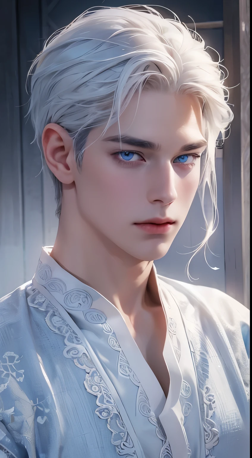 delicate man, 29-years-old, grayish white hair, ice blue eyes, scar on cheek, wears traditional clothes with lace applications, pale hair, beautiful blue eyes.