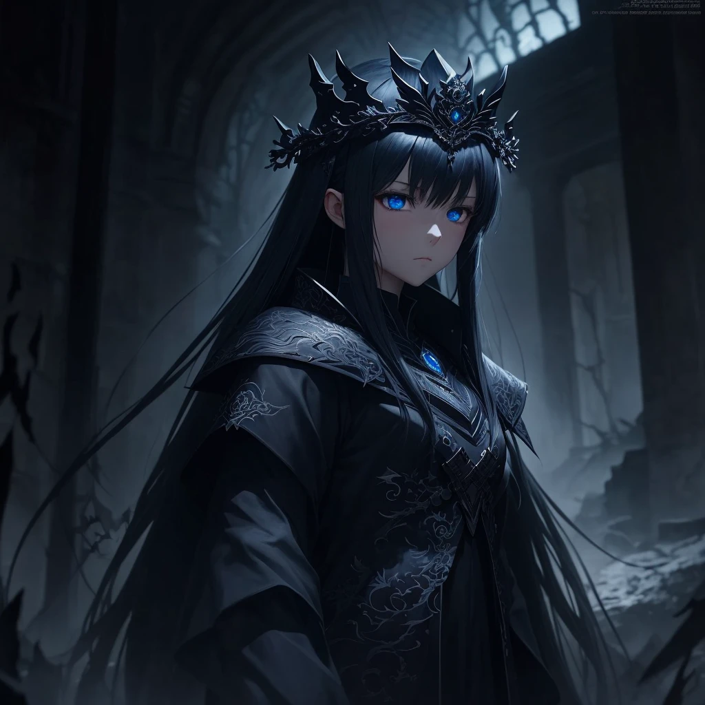 Dark environment and that it is like anime and that it has beautiful designs and an adult girl looking straight ahead with a dragon clothing with a crown on top with 8k or HD designs that is anime and that it has a straight face and blue eyes and everything that it has a design of a dragon behind HD anime
