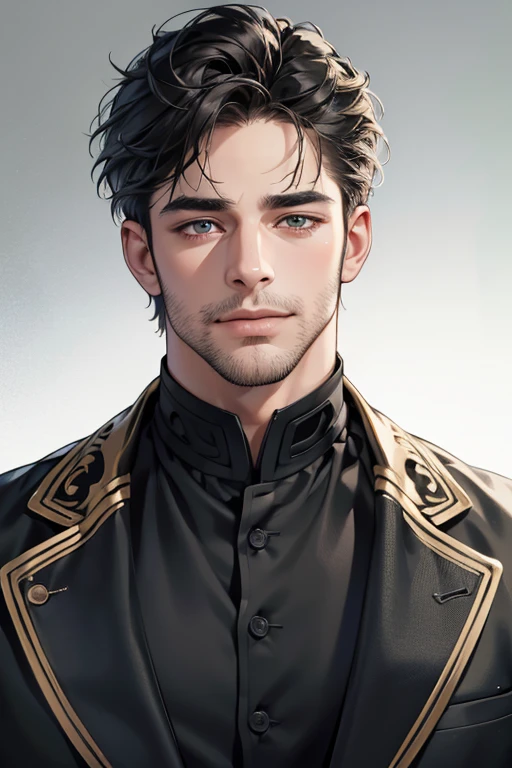 (best quality,4k,8k,highres,masterpiece:1.2),ultra-detailed,(realistic,photorealistic,photo-realistic:1.37),30 year old man,3 day beard,handsome anime,portraits,strong,masculine,dark hair,sharp jawline,mesmerizing eyes,perfectly styled hair,cool anime outfit,confident expression,vibrant colors,dynamic lighting, CEO and expression smile in love.