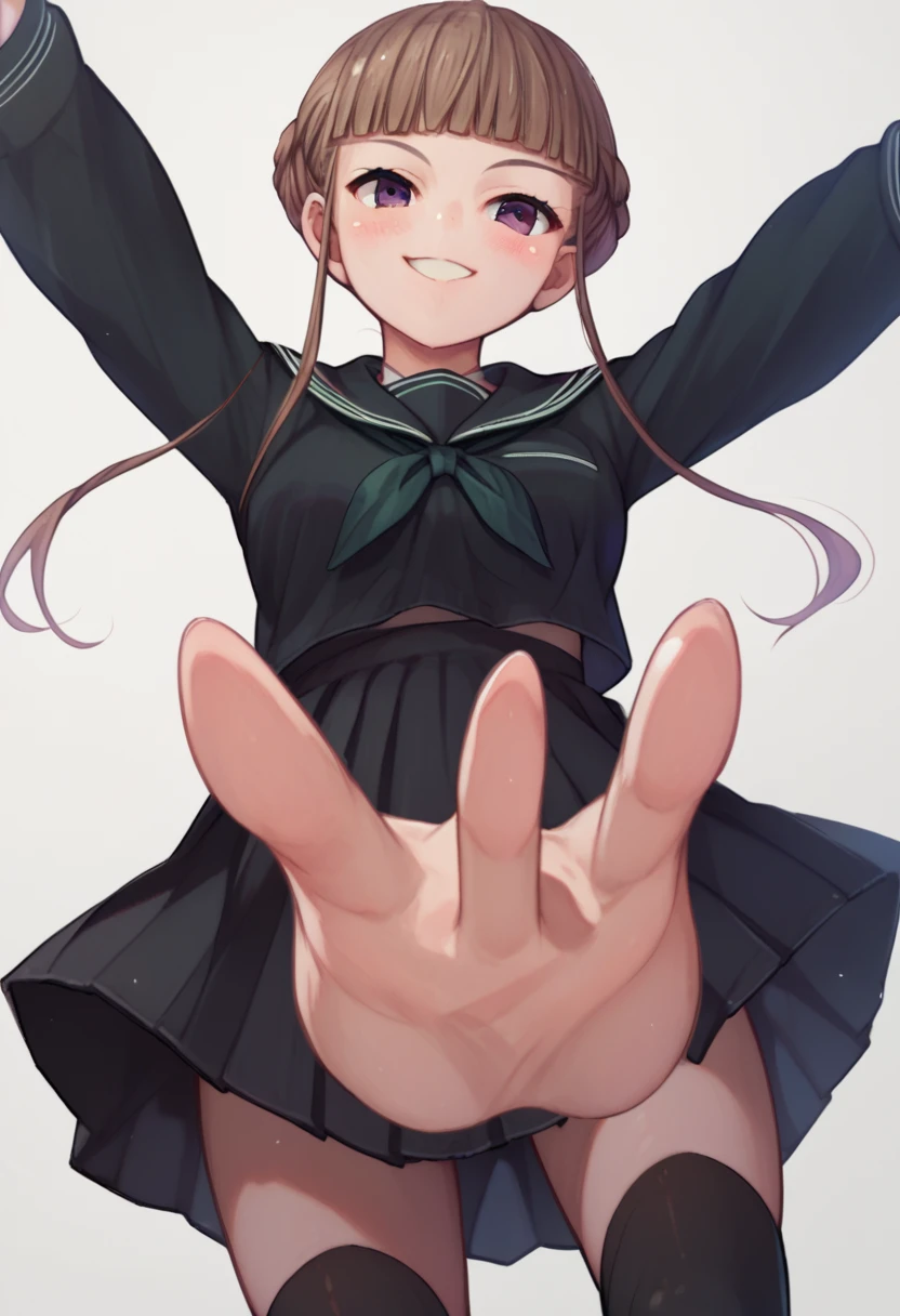 score_9, score_8_up, score_7_up, source_anime,  1girl, Manaka Nemu, braided hair, brown hair, violet eyes, black serafuku, green necktie, black thighhighs, black skirt, white stripes, outstretched arms, reaching towards viewer, smile, innocent, sweet smile, blush