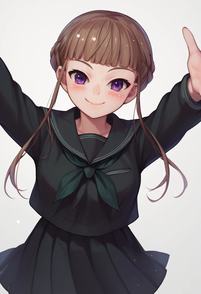 score_9, score_8_up, score_7_up, source_anime,  1girl, Manaka Nemu, braided hair, brown hair, violet eyes, black serafuku, green necktie, black thighhighs, black skirt, white stripes, outstretched arms, reaching towards viewer, smile, innocent, sweet smile, blush