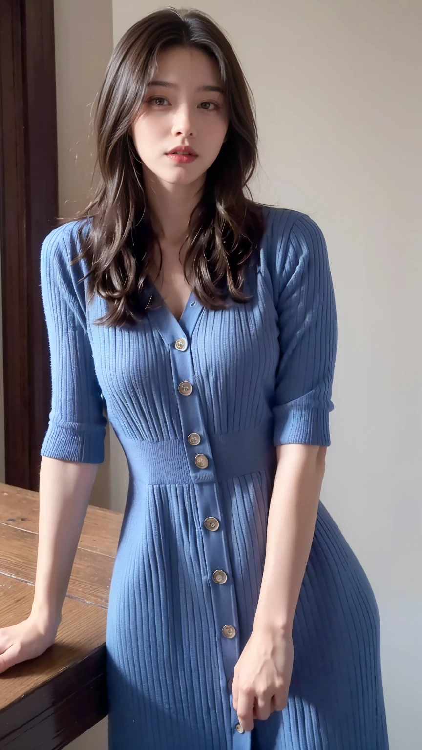 masterpiece,best quality,absurdres,highres,4K,ray tracing,perfect face,perfect eyes,intricate details,highly detailed,
1girl,moyou,looking at viewer,sexy pose,(cowboy shot:1.2),
Blue suits,blue dress,Medium chest，，bend over，Lean Forward，