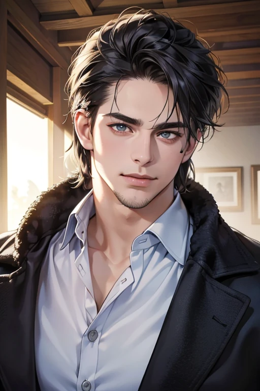(best quality,4k,8k,highres,masterpiece:1.2),ultra-detailed,(realistic,photorealistic,photo-realistic:1.37),30 year old man,3 day beard,handsome anime,portraits,strong,masculine,dark hair,sharp jawline,mesmerizing eyes,perfectly styled hair,cool anime outfit,confident expression,vibrant colors,dynamic lighting, CEO and expression smile in love.