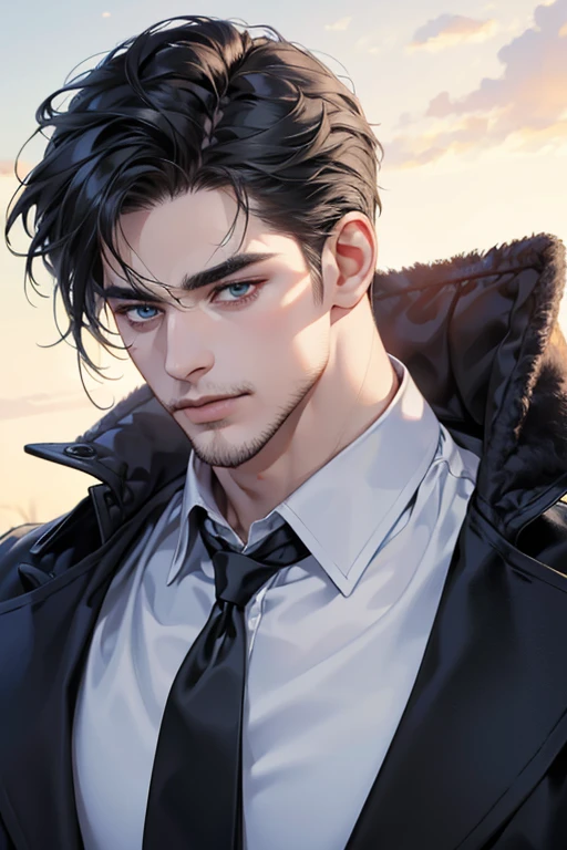 (best quality,4k,8k,highres,masterpiece:1.2),ultra-detailed,(realistic,photorealistic,photo-realistic:1.37),30 year old man,3 day beard,handsome anime,portraits,strong,masculine,dark hair,sharp jawline,mesmerizing eyes,perfectly styled hair,cool anime outfit,confident expression,vibrant colors,dynamic lighting, CEO and expression smile in love.